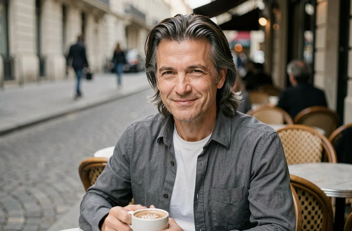 Homme de 40 ans avec coupe mulet classique aux reflets gris naturels attablé en terrasse de café parisien