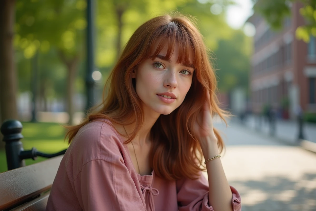 Jeune femme avec une coupe shag longue à frange rideau affinant le visage rond, assise dans un parc urbain