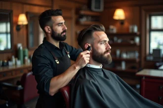 Barbier réalisant une coupe taper sur un homme en chaise de barbier dans un salon vintage