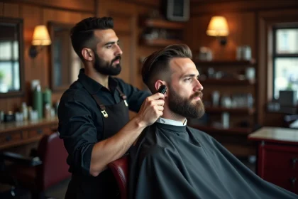 Barbier réalisant une coupe taper sur un homme en chaise de barbier dans un salon vintage