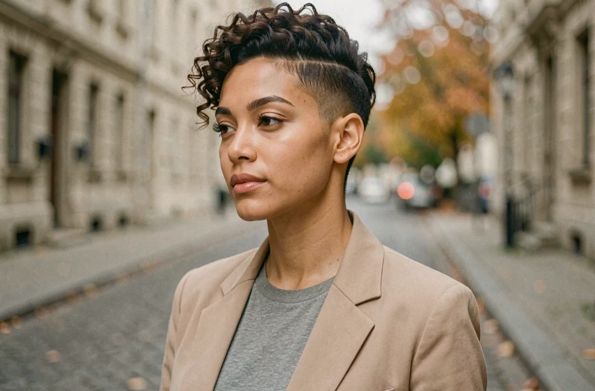 Portrait en extérieur d'une femme arborant une coupe taper avec dégradé sur les côtés et boucles définies sur le dessus, photographiée dans une rue pavée en automne