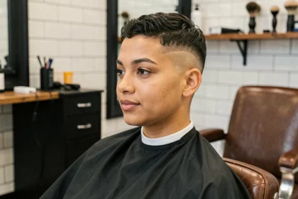 Femme avec une coupe taper dégradée vue de trois quarts dans un salon de barbier moderne, mettant en valeur le fondu précis sur les tempes