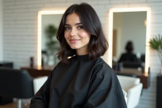 Femme aux cheveux mi-longs en dégradé dans un salon de coiffure, coupe affinant un visage rond