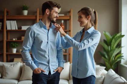 Jeune homme souriant avec sa partenaire dans un salon chaleureux