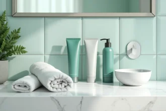 Produits de soins dépilatoires masculins alignés sur une étagère de salle de bain en marbre blanc
