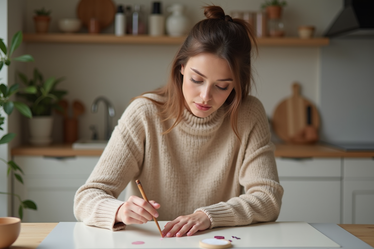 Femme en train d'enlever du vernis gel dans la cuisine