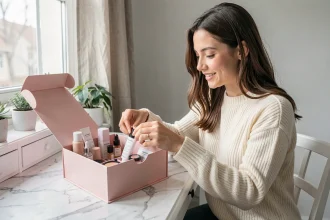 Jeune femme qui déballe sa box Ma Boîte à Beauté sur une coiffeuse en marbre avec des produits de beauté miniatures