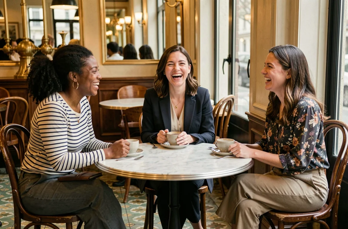 Trois femmes de différentes origines réunies dans un café parisien, illustrant la diversité des standards de beauté