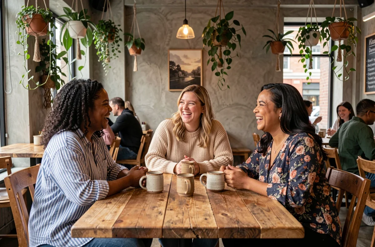 Groupe de femmes aux morphologies variées partageant un moment convivial au café, symbole de diversité corporelle et d'acceptation de soi