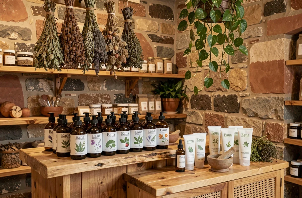Comptoir naturel d'Eana Natural Beauty avec flacons botaniques et étagères en bois brut