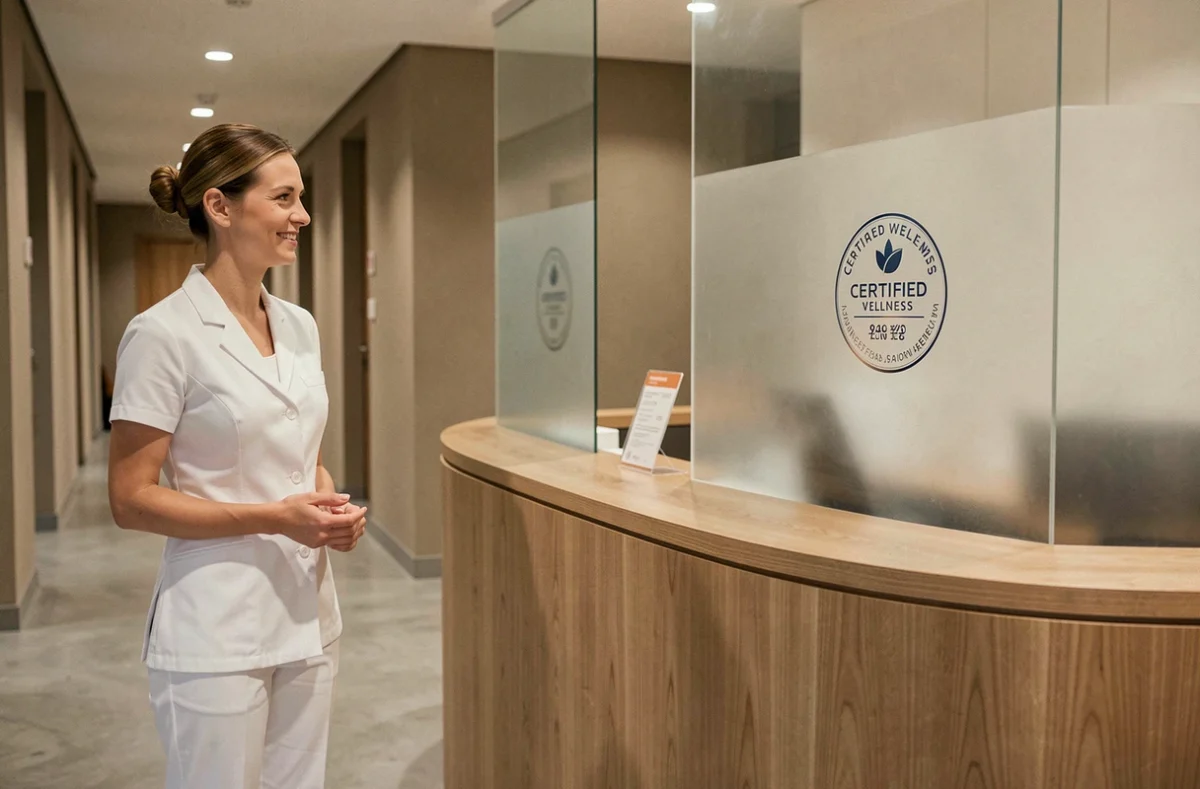 Réception du spa Eman & Sens à Dijon avec personnel en tenue blanche et décor contemporain épuré