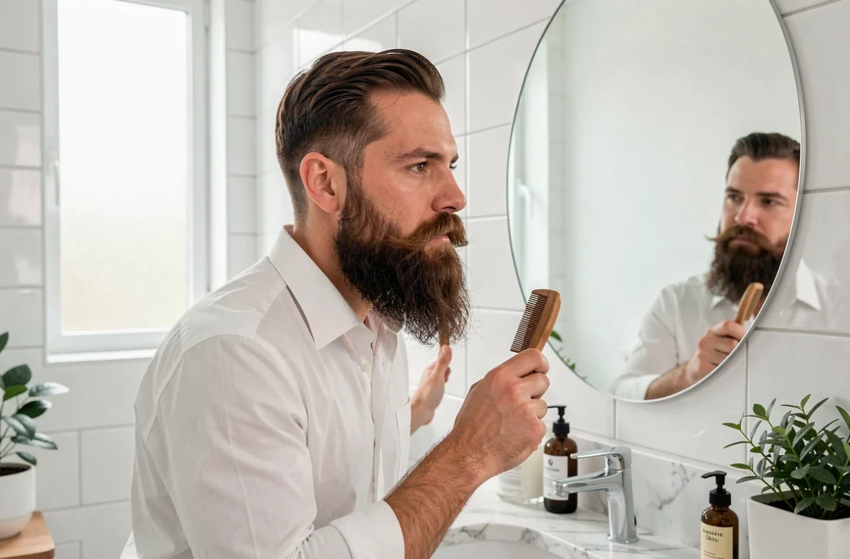 Jeune homme entretenant sa barbe longue devant un miroir dans une salle de bain minimaliste moderne