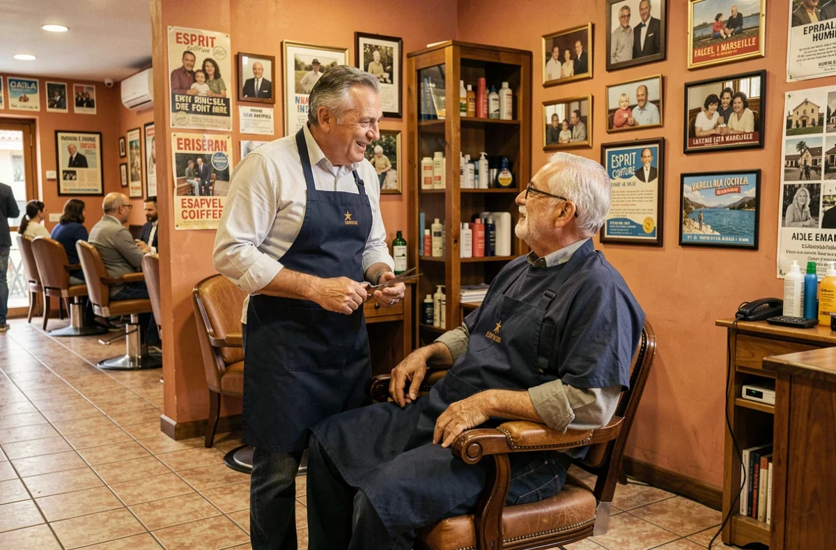 Coiffeur d'Esprit Coiffure à Marseille en conversation conviviale avec un client fidèle dans un salon de quartier authentique et chaleureux