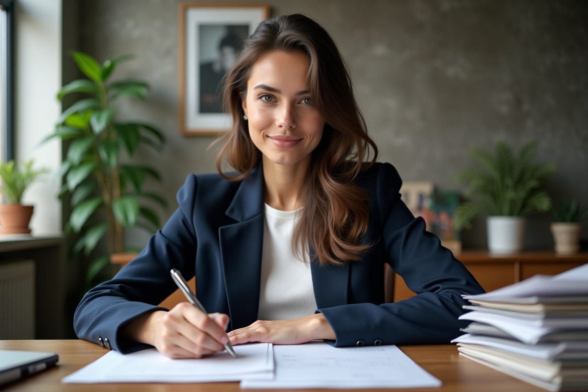 Femme assise remplissant des formulaires dans un bureau cosy
