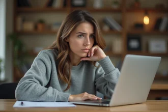 Femme lisant des avis négatifs sur un produit cosmétique Nuvaskin sur son ordinateur portable avec une expression sceptique