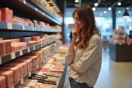 Femme examine des cosmétiques dans un magasin de beauté