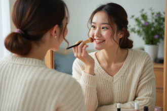 Femme appliquant du blush dans sa chambre cosy