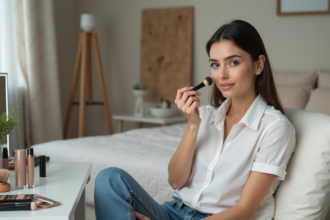 Femme appliquant du fond de teint dans sa chambre lumineuse