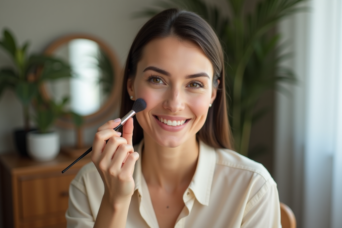 Portrait d'une femme appliquant du blush avec confiance