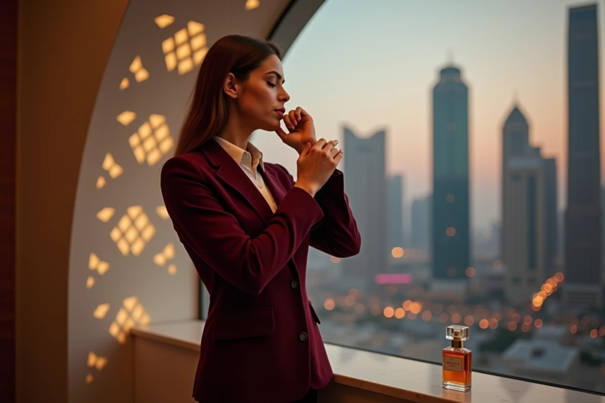 Femme élégante en blazer bordeaux savourant un parfum Gissah près d'une fenêtre avec vue sur Kuwait City