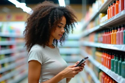 Jeune femme aux cheveux bouclés naturels comparant des crèmes coiffantes dans le rayon soin d'un supermarché