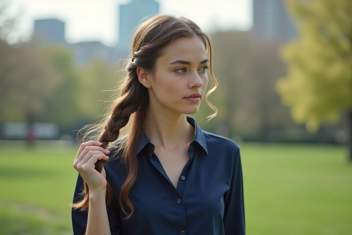 Jeune femme avec tresse dans un parc urbain