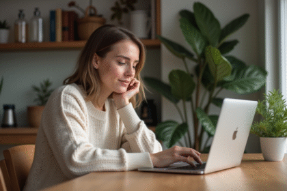Jeune femme choisissant un parfum sur son ordinateur à la maison