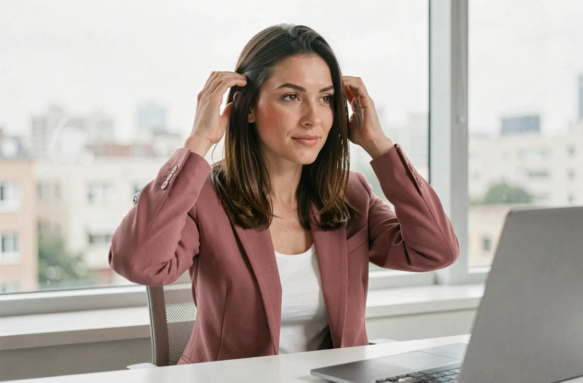 Femme au bureau préparant sa photo de profil professionnelle pour les réseaux sociaux en valorisant son profil naturel