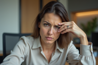 Femme d'affaires stressée au bureau en portrait