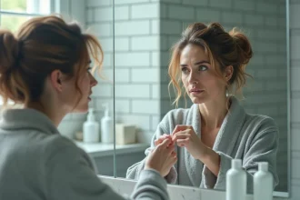 Femme aux cheveux abîmés examinant une mèche devant un miroir de salle de bain après utilisation d'un soin capillaire Olaplex