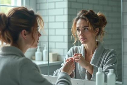 Femme aux cheveux abîmés examinant une mèche devant un miroir de salle de bain après utilisation d'un soin capillaire Olaplex