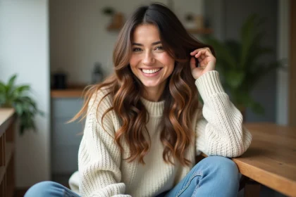 Femme aux cheveux longs et texturés en intérieur