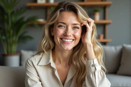 Femme souriante aux cheveux naturels dans un salon moderne