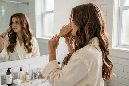 Jeune femme aux cheveux ondulés châtains se coiffant avec une brosse palette en bois devant un miroir de salle de bain