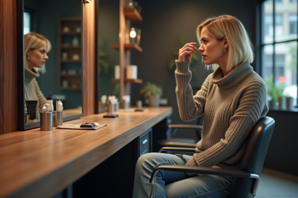 Femme regardant son reflet après une coupe de cheveux