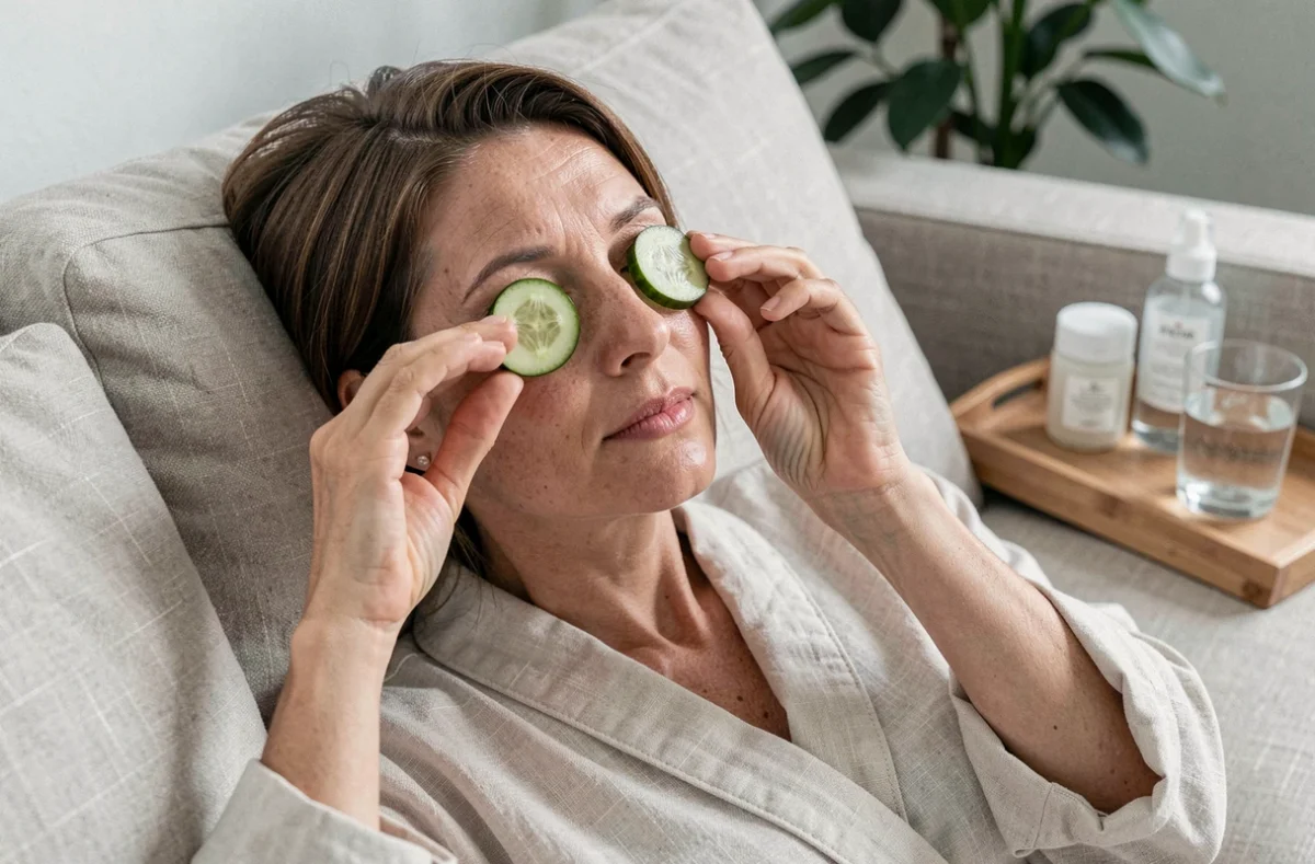 Femme allongée avec des rondelles de concombre sur les yeux pour réduire les poches et la fatigue du regard
