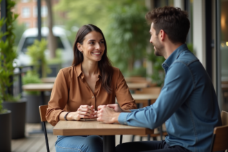 Femme confiante souriante en terrasse de café