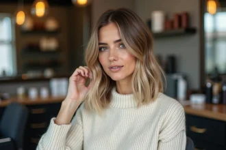 Femme aux cheveux mi-longs en carré dégradé assise dans un salon de coiffure moderne, montrant la transition d'une longue chevelure vers une coupe carré mi-long tendance