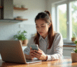 Jeune femme dans une cuisine lumineuse utilisant un ordinateur et smartphone
