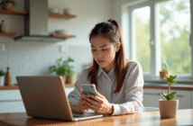 Jeune femme dans une cuisine lumineuse utilisant un ordinateur et smartphone