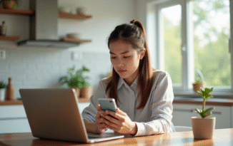 Jeune femme dans une cuisine lumineuse utilisant un ordinateur et smartphone