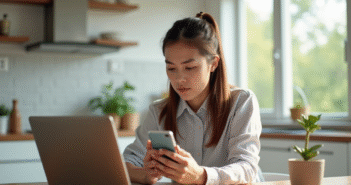 Jeune femme dans une cuisine lumineuse utilisant un ordinateur et smartphone