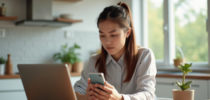 Jeune femme dans une cuisine lumineuse utilisant un ordinateur et smartphone