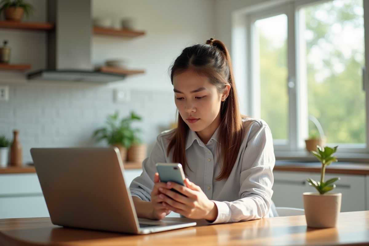 Jeune femme dans une cuisine lumineuse utilisant un ordinateur et smartphone