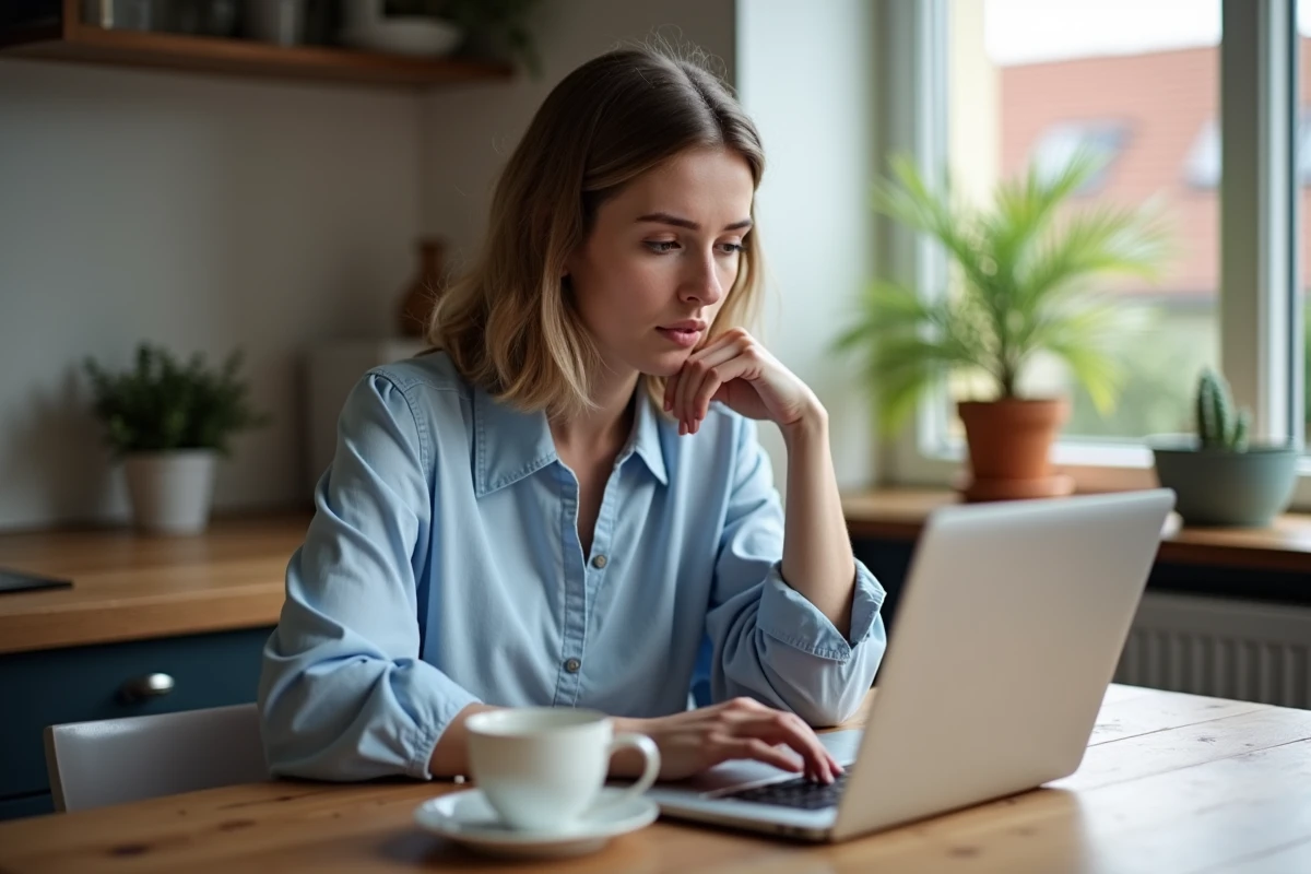 Femme dans sa cuisine à Toulouse regardant son ordinateur