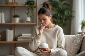 Femme calme utilisant un diffuseur d'huiles essentielles dans un salon