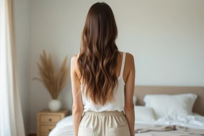 Femme vue de dos avec de longs cheveux bruns atteignant le bas du dos, illustrant l'objectif de pousse capillaire