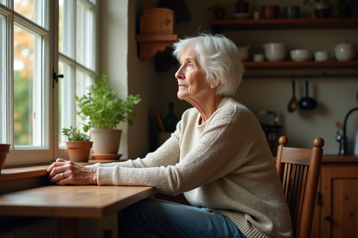 Femme âgée dans une cuisine chaleureuse