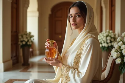 Femme élégante en abaya ivoire tenant un flacon de parfum Gissah en verre ambré dans un intérieur koweïtien luxueux