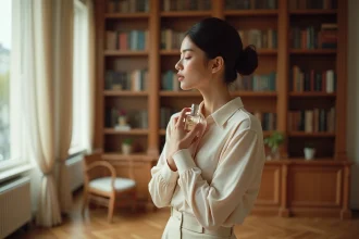 Femme élégante tenant un flacon de parfum Zara dans un appartement parisien au style haussmannien